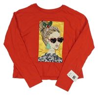 Nové - Červené crop triko s dívkou s flitry St. Bernard