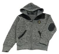 Tmavošedá melírovaná pletená propínací mikina s nášivkou a kapucí