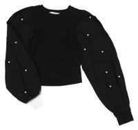 Černé žebrované crop triko s halenkovými rukávy s perlami Matalan