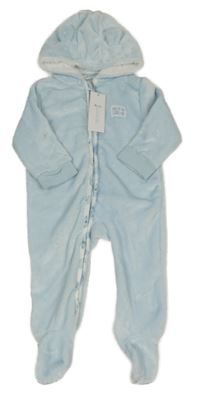 Nové - Světlemodrá chlupatá kombinéza s nášivkou a kapucí