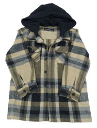 Hnědo-černo-bílá kostkovaná košilová bunda s teplákovou kapucí Matalan