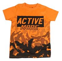 Oranžovo-černé sportovní tričko s nápisem 