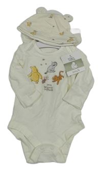 Nové - 3 set - bílé body s Púem + čepice + lehké pruhované tepláky Tu