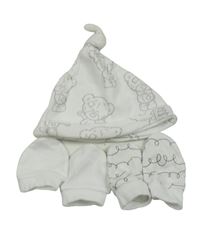 3 set - bílá čepice s medvědy + bílé rukavice + bílo-černé vzorované 