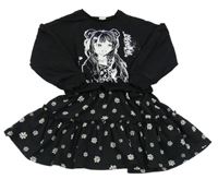 Černé teplákové šaty s dívkou a lehkou květovanou sukní 