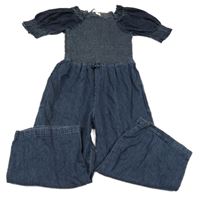 Tmavomodrý riflový kalhotový overal s žabičkováním 