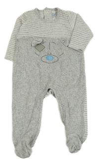 Šedý pruhovaný sametový overal s medvědem 