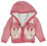 Růžový melírovaný zateplený propínací svetr s kapucí a králíčky Nutmeg