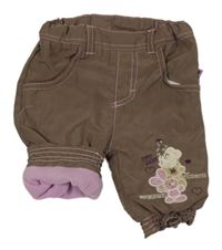 Hnědé zateplené šusťákové kalhoty se zvířátky 