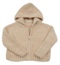 Růžový žebrovaný propínací chlupatý crop svetr s kapucí Next