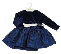 Nové - Tmavomodro-bílé sametové šaty s 3D květem 