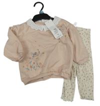 Nové - 2set - Světlerůžová mikina s vílou a límečkem + béžové květované žebrované legíny F&F