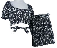 2set - Dámská černá kytičkovaná crop halenka + sukně Shein