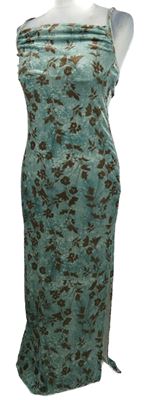 Dámské světlemodré kytičkované sametové midi šaty 