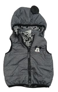 Šedo-bílá melírovaná šusťáková zateplená vesta s Mickey Mousem a kapucí H&M