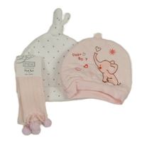 3set- 2x čepice růžová se slonem+ bílá puntíkatá + růžové ponožky