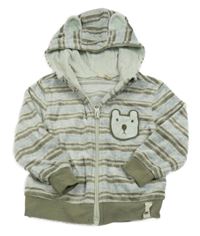 Khaki-šedo-modrá pruhovaná sametová propínací mikina s medvědem a kapucí Kuniboo