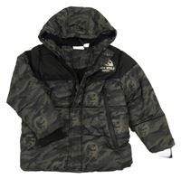 Černo-khaki-vzorovaná šusťáková zimní bunda s kapucí - Jurský svět