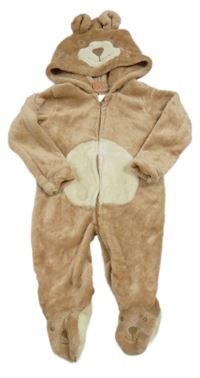 Béžová chlupatá kombinéza s medvědem na kapuci