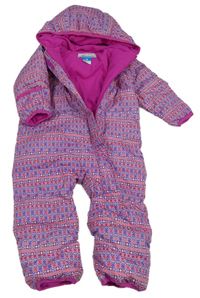 Růžovo-modrá vzorovaná šusťáková zimní funkční kombinéza s kapucí Columbia