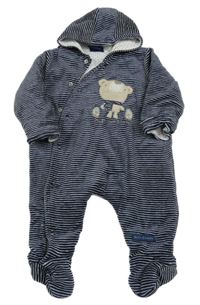 Tmavomodro-bílá pruhovaná sametová zateplená kombinéza s medvědem a kapucí 