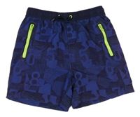 Tmavomodré vzorované šusťákové kraťasy s čísly Yigga