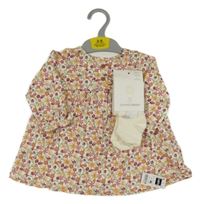 Nové - 2set - Bílé bavlněné šaty s kytičkami + smetanové punčocháče Dunnes