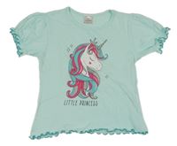 Tyrkysové tričko s jednorožcem a kroucenými lemy