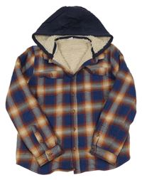 Tmavomodro-barevná kostkovaná zateplená košilová bunda s kapucí F&F