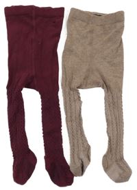 2x - Béžové vzorované + vínové vzorované punčocháče H&M