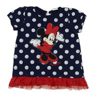 Tmavomodro-červené puntíkaté tričko s Minnie a volánky M&Co