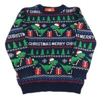 Tmavomodrý svetr s dinosaury s vánočním motivem a stromečky a dárky zn. PRIMARK