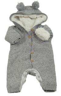 Šedá melírovaná pletená zateplená kombinéza s kapucí s bambulemi F&F