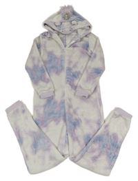 Fialovo-modro-bílá batikovaná plyšová kombinéza s kapucí - jednorožec Vertbaudet