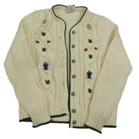 Smetanový vzorovaný vlněný propínací svetr s květy 