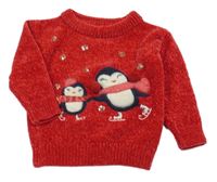 Červený melírovaný žinylkový svetr s tučňáčky a flitry C&A