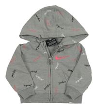 Šedá melírovaná propínací mikina s nápisy a logem a kapucí Nike