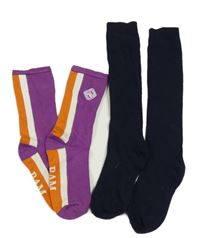 2x- Podkolenky - Purpurovo-bílo-oranžové, tmavomodré kárované 