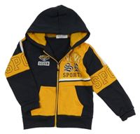 Tmavomodro-hořčicový propínací svetr s nápisy a pruhy a kapucí ALTA LINEA