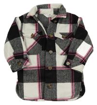 Bílo-černo-růžová kostkovaná vlněná košilová bunda H&M