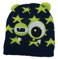 Tmavopetrolejovo-limetková pletená čepice s hvězdičkami - příšerkami 