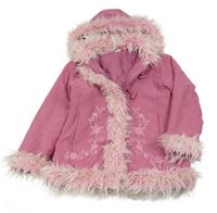 Růžový semišový zateplený kabát s kytičkami a srdíčky a kožešinou a odepínací kapucí myc