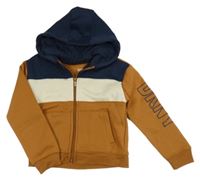 Hnědo-bílo-tmavomodrá teplá propínací mikina s logem a kapucí DKNY