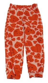 Světlerůžové plyšové pyžamové kalhoty s červenými srdíčky Tu