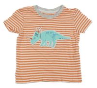 Oranžovo-bílo-šedé pruhované tričko s dinosaurem PRIMARK