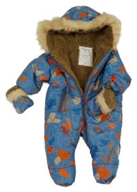 Modrá melírovaná vzorovaná šusťáková zimní kombinéza s kapucí + rukavice Mothercare