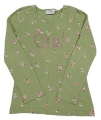 Khaki květované triko s nápisem z flitrů