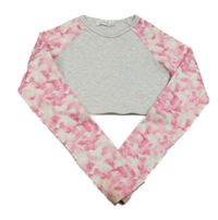 Světlešedo-bílo-růžové bavlněno/sportovní crop triko s batikovanými rukávy