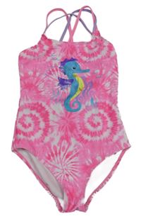 Neonově růžovo-bílé batikované jednodílné plavky s mořským koníkem Kiki&Koko