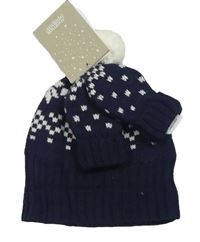 Nové - 2 set - Tmavomodro-bílá vzorovaná čepice s bambulí + rukavice Mamas&Papas